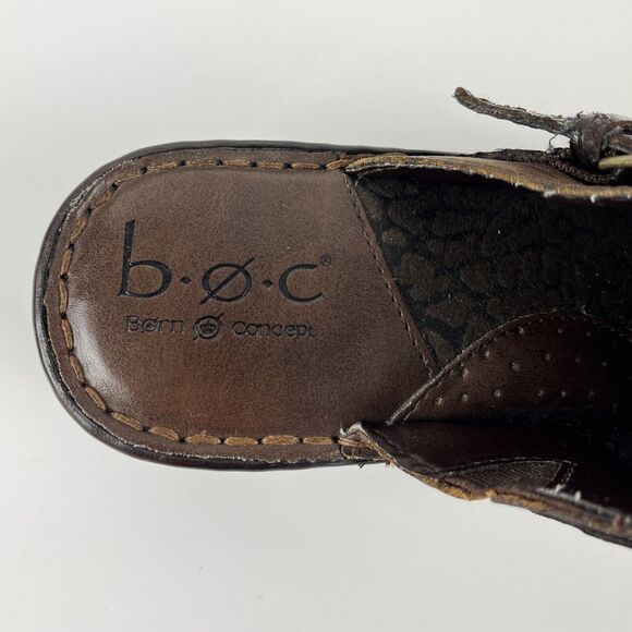 BOC Born Concept Brown Clogs wedge heel brass buckle tooled black straps SZ 8 - Picture 7 of 12